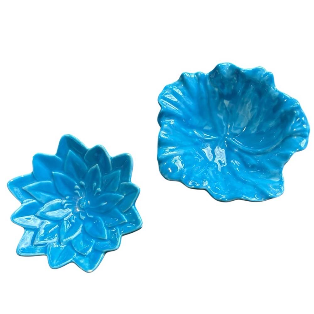 Pair Of Blue Handmade Ceramic Flower Small Bowls